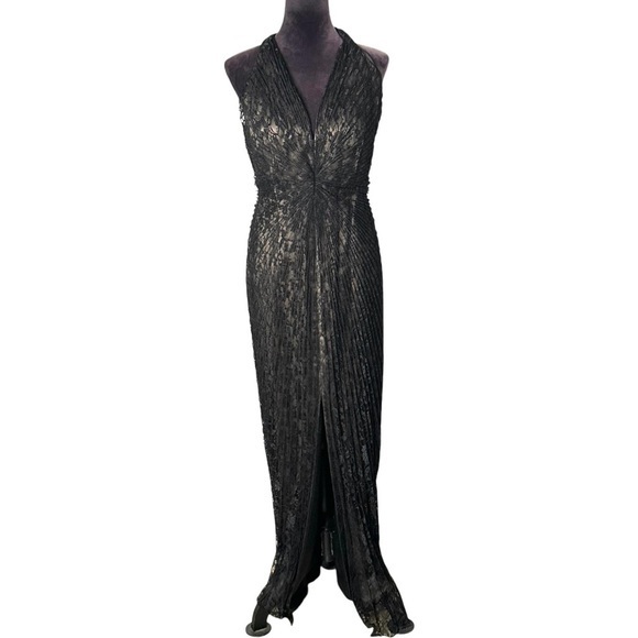 Carmen Marc Valvo Black Lace AccordionPleat Grecian Goddess Gown Dress 10